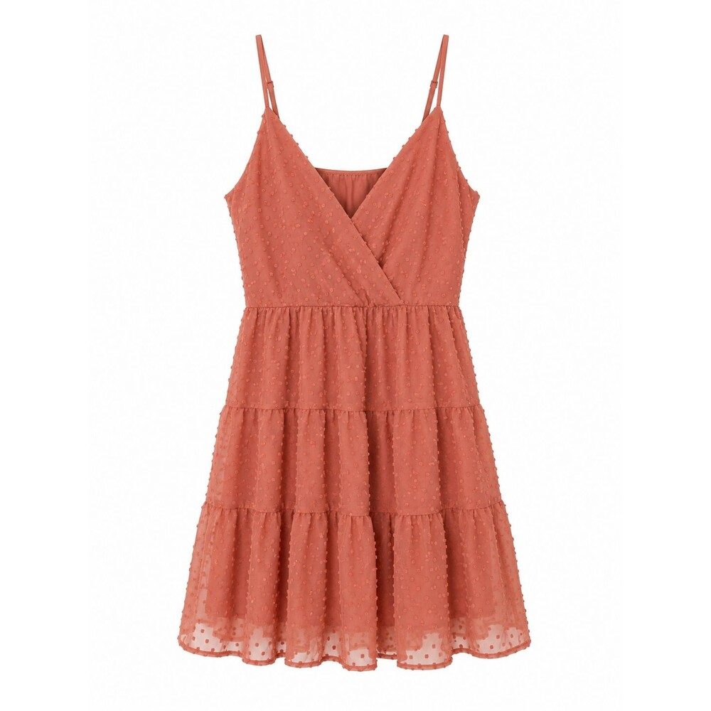 Pink Swiss Dot Tiered Mini Dress Babydoll Cottagecore Boho V Neck Women Large L